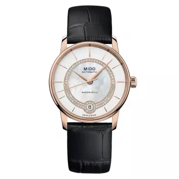MIDO Baroncelli Signature Lady Automatic Watch 33mm oro rosa PVD acero inoxidable piel marrón