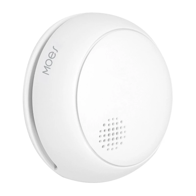 Detector de humo fotoeléctrico inteligente MOES SSD01 ZigBee con sirena de 85dB, notificaciones por app Tuya, alimentado por pila CR123A, blanco