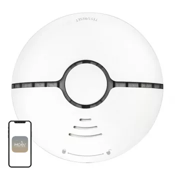 MOES WSS-S-SSD-A Detector de humo fotoeléctrico Wi-Fi con notificaciones de la app Tuya, sirena de 85dB, funcionamiento con pila CR123A, compatible con Alexa y Google Assistant, blanco