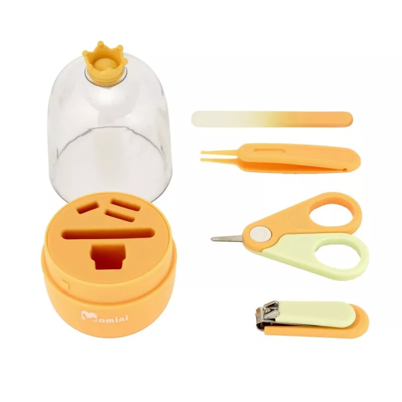 Momini Set de cuidado de uñas para bebé Sunny - Lima eléctrica para bebé con 6 cabezales, 2 velocidades, luz LED, Blanco/Amarillo