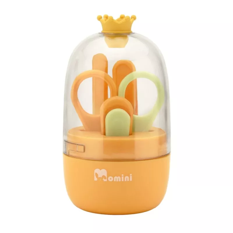 Momini Set de cuidado de uñas para bebé Sunny - Lima eléctrica para bebé con 6 cabezales, 2 velocidades, luz LED, Blanco/Amarillo