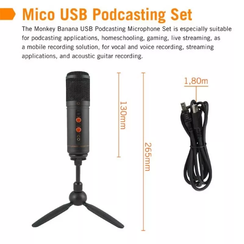 Monkey Banana MICO BK Micrófono de condensador USB para estudio y podcasting