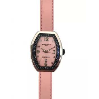 Reloj de mujer MONTRES DE LUXE 09EX-L/A8303 cuarzo analógico 35 mm caja de acero inoxidable correa de piel negra esfera plateada