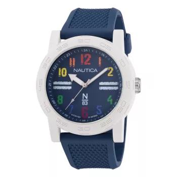 NAUTICA NAPATS304 reloj de hombre cuarzo analógico, 42,5 mm caja de acero inoxidable, correa de silicona azul, 100 m de resistencia al agua