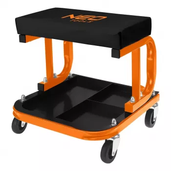 NEO TOOLS 11-604 taburete de taller con ruedas y bandeja para herramientas, ajuste de altura neumático 380-500 mm, carga 135 kg, 5 ruedas giratorias, asiento de vinilo resistente al aceite