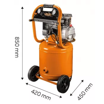 NEO TOOLS 12K010 Compresor de aire vertical lubricado con aceite, depósito de 40 L, 230 V, 1,5 kW, 8 bar, 206 L/min de aspiración, ruedas y asa