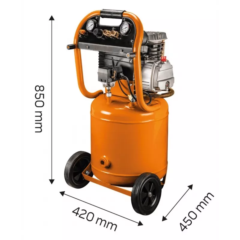 NEO TOOLS 12K010 Compresor de aire vertical lubricado con aceite, depósito de 40 L, 230 V, 1,5 kW, 8 bar, 206 L/min de aspiración, ruedas y asa