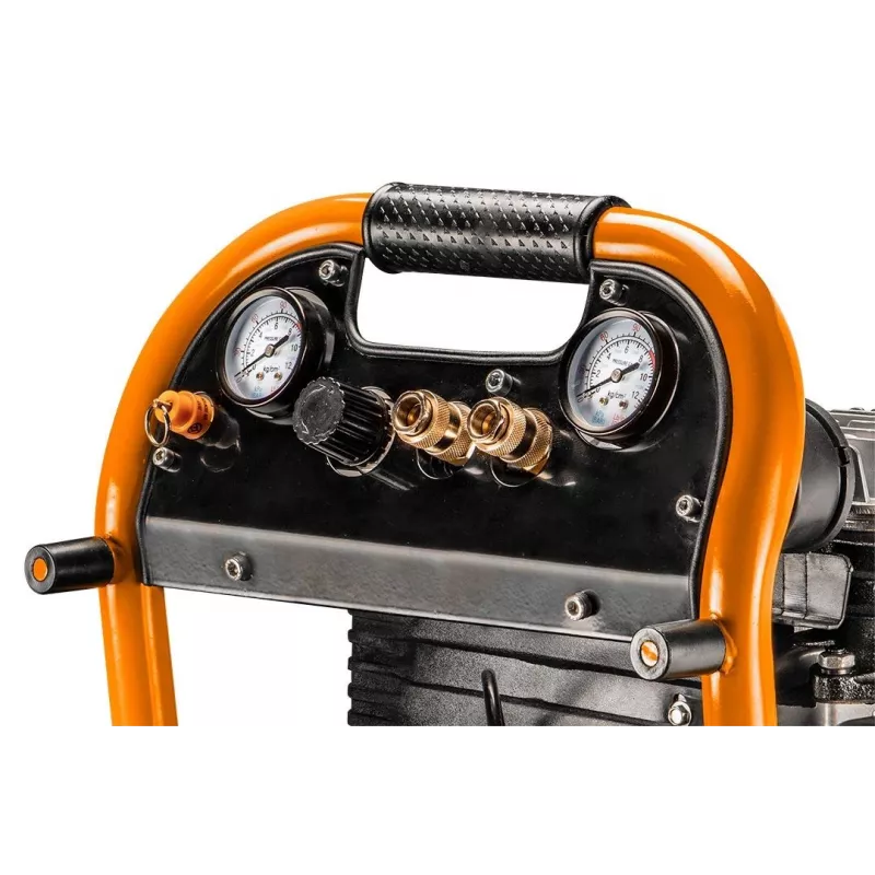 NEO TOOLS 12K010 Compresor de aire vertical lubricado con aceite, depósito de 40 L, 230 V, 1,5 kW, 8 bar, 206 L/min de aspiración, ruedas y asa