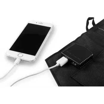 NEO TOOLS Cargador solar plegable de 15W con salidas USB-A y USB-C, panel monocristalino, resistente al agua IPX4, negro