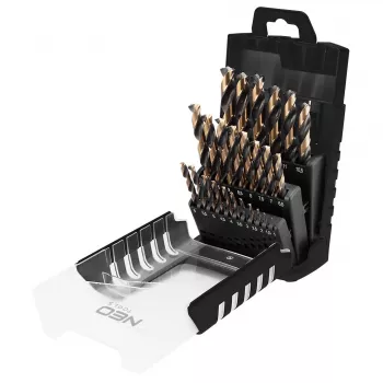 NEO TOOLS set de 25 brocas para metal HSS-CNC, ángulo de punta 124°, Pro-Tec, 1,0–13,0 mm