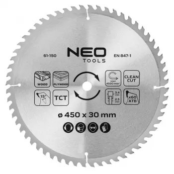 NEO TOOLS disco de sierra circular TCT 450 mm, 60 dientes, orificio 30 mm, para madera