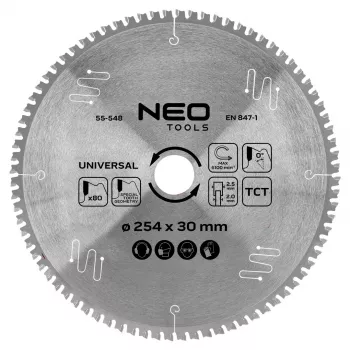 NEO TOOLS 55-548 Hoja de sierra circular con puntas de carburo, 254 mm x 30 mm, 80 dientes, universal