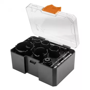 NEO TOOLS 57-923 set de sierras de corona con punta de carburo, 11 piezas (20–64 mm), con 2 portabrocas y maletín