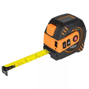 NEO TOOLS 67-100 Medidor de distancias láser con cinta métrica de 5 m, alcance 40 m, IP54, LCD retroiluminada, clase láser 2, 2 x AAA