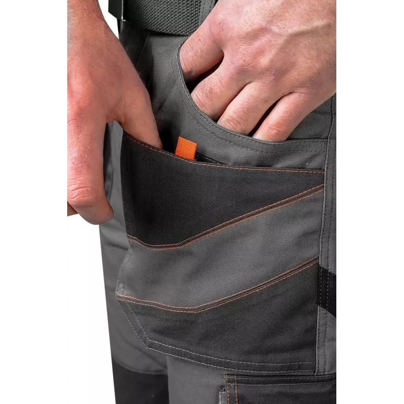 NEO TOOLS 81-325-S Pantalón de protección, talla S, gris con detalles naranjas, 65% poliéster 35% algodón, 245 g/m², 9 bolsillos, bolsillos para rodilleras, EN ISO 13688:2013