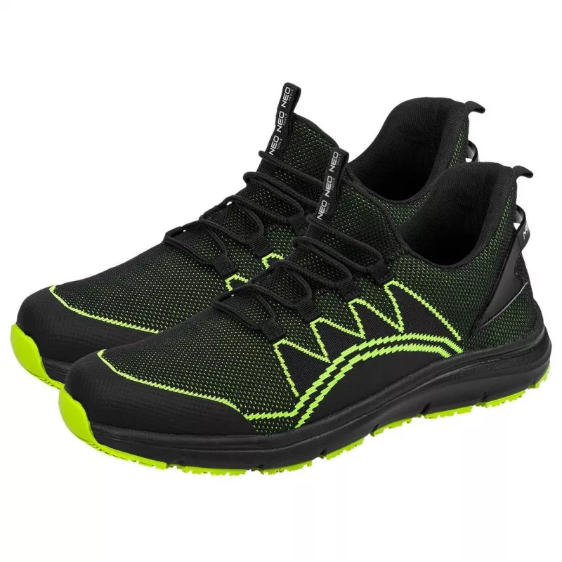 NEO TOOLS 82-161-44 zapatos de seguridad S1P SRC con puntera de acero y plantilla antiperforación, parte superior de serraje y malla, suela de PU de doble densidad, negro/gris con detalles naranjas, talla 44