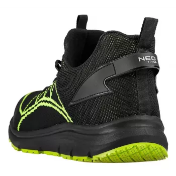 NEO TOOLS 82-161-44 zapatos de seguridad S1P SRC con puntera de acero y plantilla antiperforación, parte superior de serraje y malla, suela de PU de doble densidad, negro/gris con detalles naranjas, talla 44