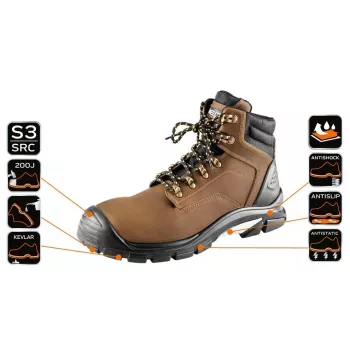 NEO Tools 82-170-44 S1P SRC zapatos de seguridad con puntera de acero, piel serraje, suela de PU, talla 44, negro/gris