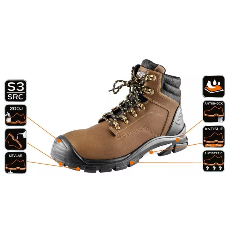 NEO Tools 82-170-44 S1P SRC zapatos de seguridad con puntera de acero, piel serraje, suela de PU, talla 44, negro/gris