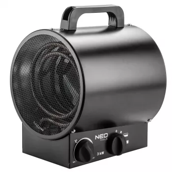 NEO Tools 90-066 calefactor cerámico PTC de 2000W con termostato ajustable, protección contra sobrecalentamiento, interruptor de seguridad antivuelco, 2 niveles de calor, modo solo ventilador, de pie, negro/gris