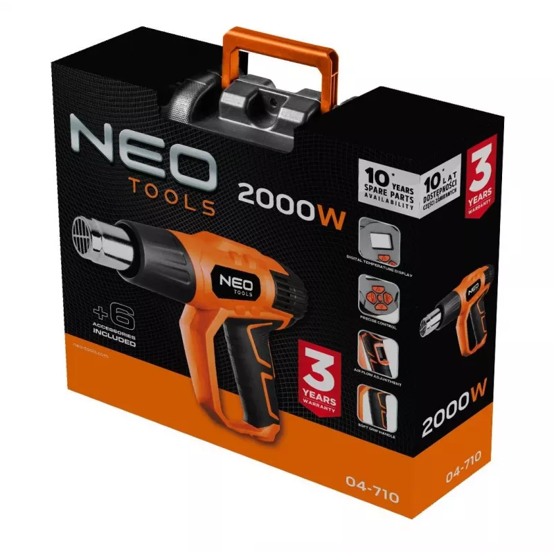 NEO TOOLS pistola de aire caliente 2000W con pantalla LCD, 50°C y 70-600°C, 4 boquillas, raspador, maletín de transporte