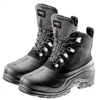 NEO TOOLS Botas de nieve hombre, talla 43 - Botas de invierno negras con cordones, forro de piel sintética, repelente al agua, suela TPR antideslizante