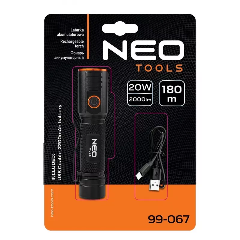Linterna LED de batería NEO TOOLS USB C 2000 lm CHN