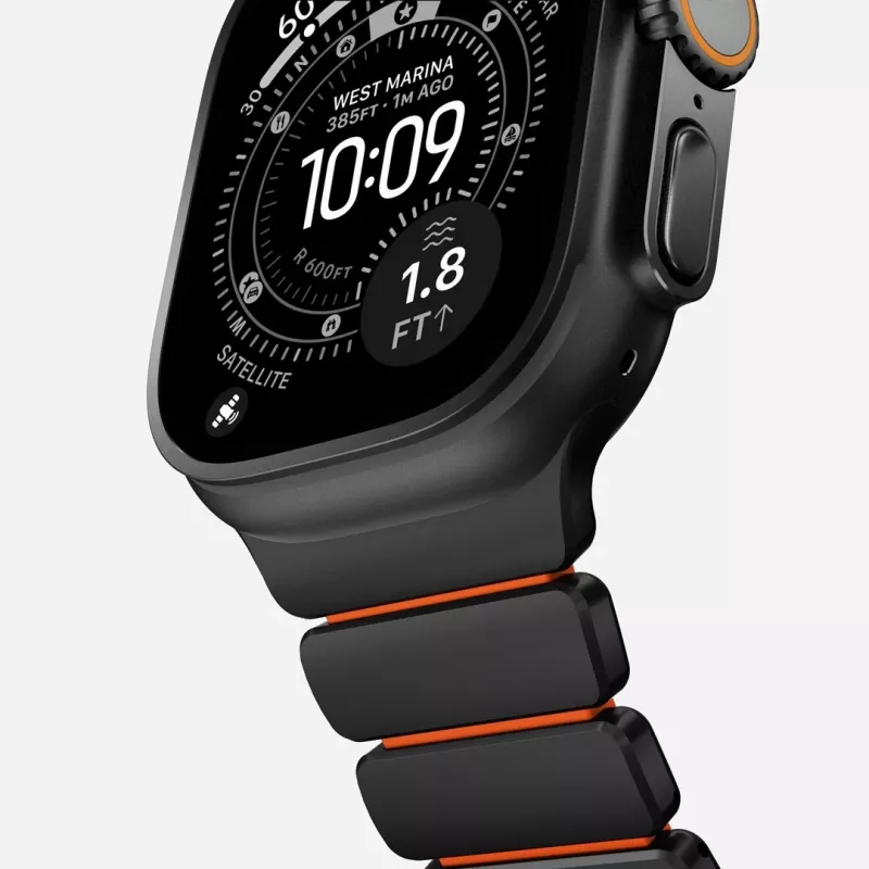 Correa NOMAD Stratos Band - Correa de titanio para Apple Watch 49mm con FKM (Black Titanium, Ultra Orange FKM)