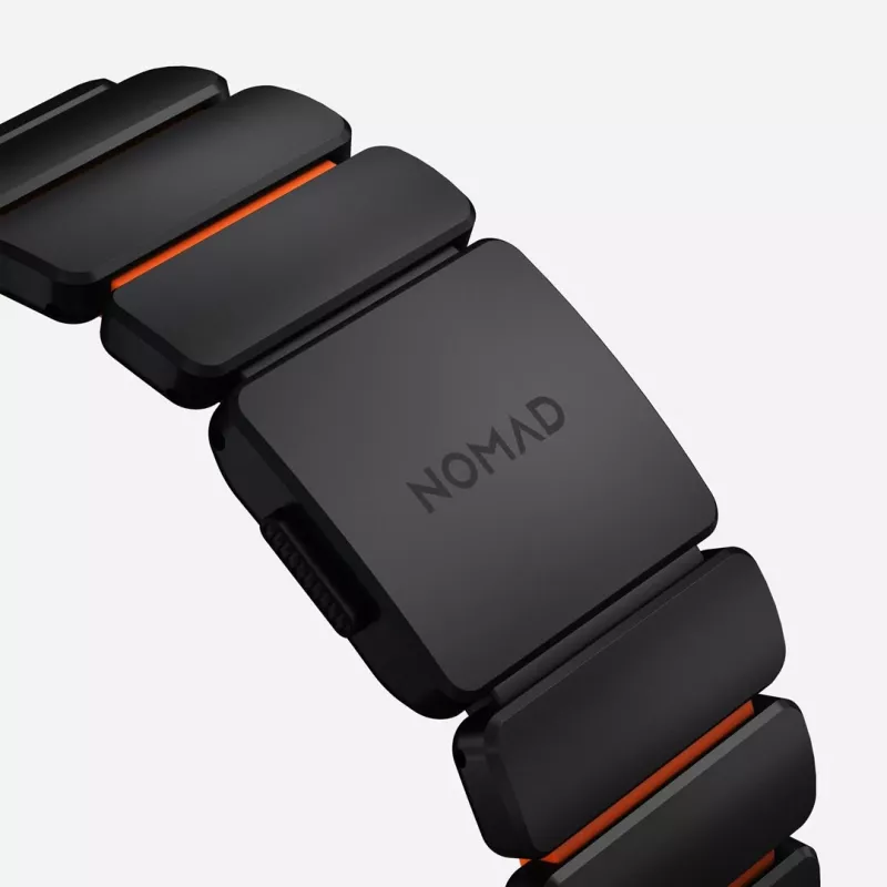 Correa NOMAD Stratos Band - Correa de titanio para Apple Watch 49mm con FKM (Black Titanium, Ultra Orange FKM)