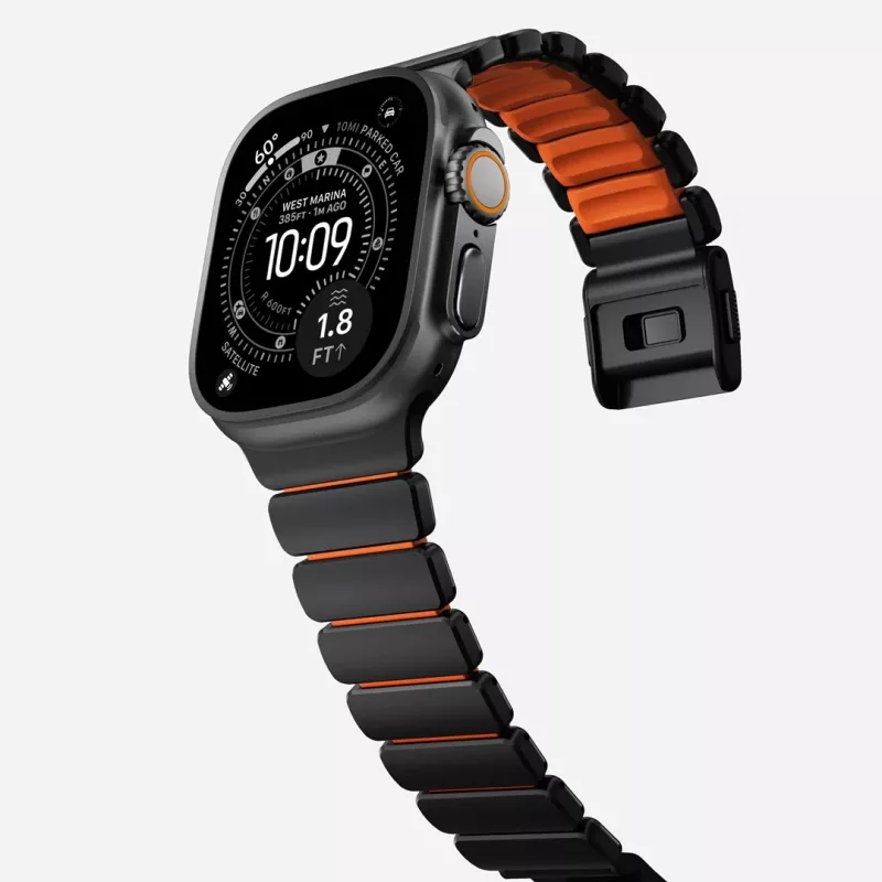 Correa NOMAD Stratos Band - Correa de titanio para Apple Watch 49mm con FKM (Black Titanium, Ultra Orange FKM)
