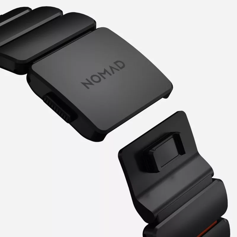 Correa NOMAD Stratos Band - Correa de titanio para Apple Watch 49mm con FKM (Black Titanium, Ultra Orange FKM)