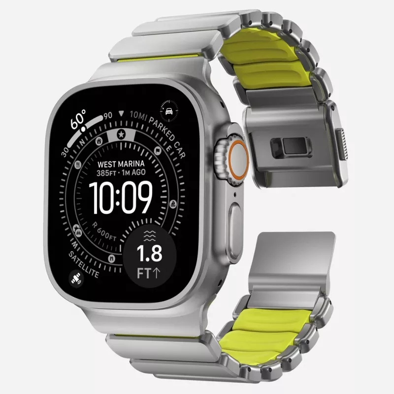 NOMAD Stratos Band - Correa de titanio para Apple Watch 49mm con FKM (Natural Titanium, Volt FKM)