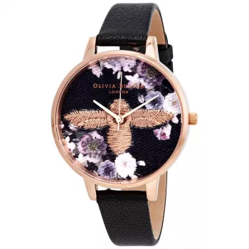 Olivia Burton Reloj de mujer Enchanted Garden OB16EM02 - 38mm Caja de acero inoxidable oro rosa, correa de piel gris, esfera gris con motivo de abeja