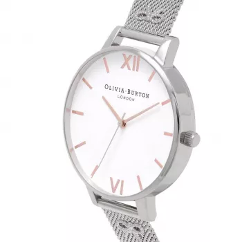 Olivia Burton Reloj de mujer Enchanted Garden OB16ES10 - Caja de acero inoxidable oro rosa de 38mm, esfera blanca con flores, correa de piel gris