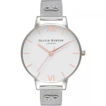 Olivia Burton Reloj de mujer Enchanted Garden OB16ES10 - Caja de acero inoxidable oro rosa de 38mm, esfera blanca con flores, correa de piel gris