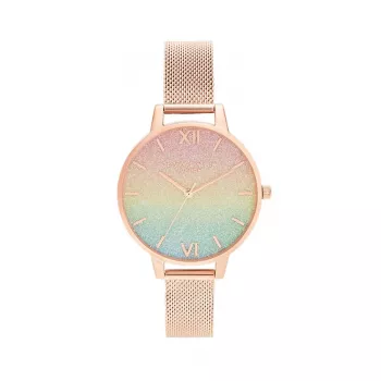 OLIVIA BURTON Reloj para mujer Rainbow Bee OB16RB18 - 34mm caja de acero inoxidable, correa de piel gris, esfera blanca con motivo de abeja arcoíris, movimiento de cuarzo