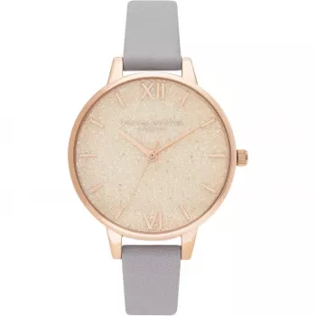Olivia Burton reloj para mujer OB16GD45 34 mm esfera gris con purpurina correa de piel con acero inoxidable chapado en oro rosa