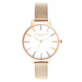 Olivia Burton Reloj mujer OB16RB24 34mm Plata Acero inoxidable Esfera blanca Abeja arcoíris Piel gris