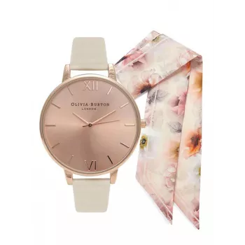 Olivia Burton Reloj de mujer OBGSET51 30 mm oro rosa acero inoxidable y piel gris