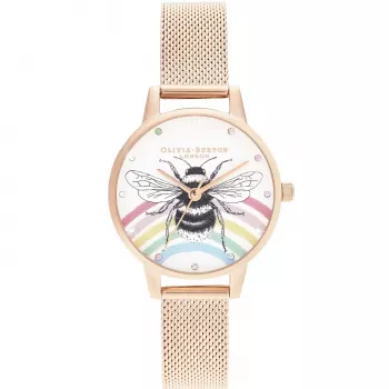 OLIVIA BURTON reloj de mujer Wishing Star OB16WL90 30mm acero inoxidable oro rosa esfera blanca de nácar correa de piel gris