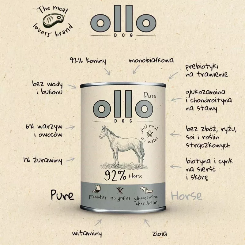 OLLO Pure Horse Comida húmeda monoproteica para perros 850g