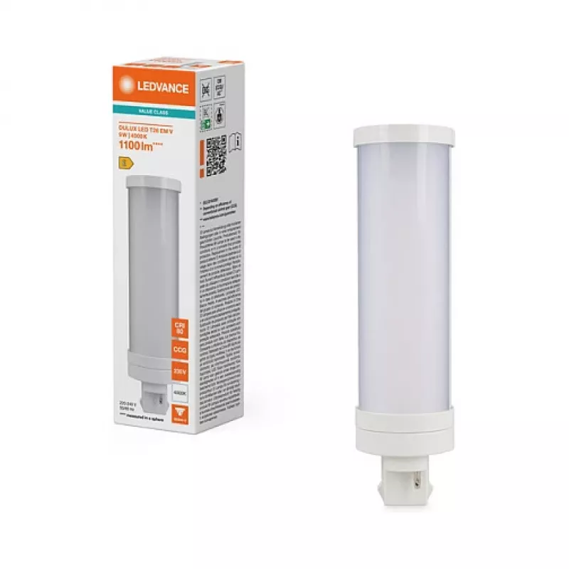 OSRAM DULUX T26 EM V 9W/840 lámpara LED retrofit, GX24d-3, 1100 lm, 4000 K blanco frío, 9W (sustituye a 26W CFL)