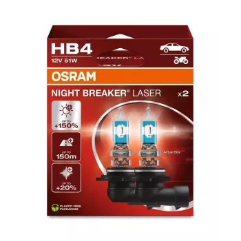 OSRAM Night Breaker Laser HB4 (Set of 2) - lámparas halógenas para faros 12V 51W P22d, hasta un 150% más de brillo, alcance de 150m, luz un 20% más blanca, blanco