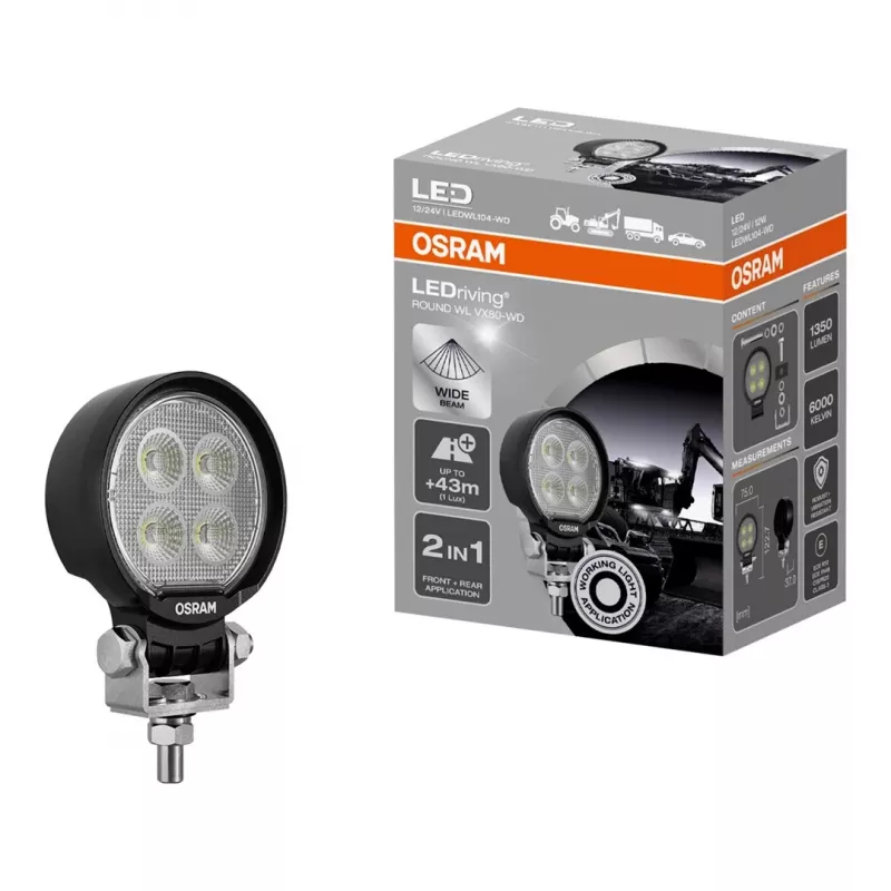Lámpara de trabajo LED Osram ROUND WL VX80-WD, 10W, 12/24V, 800lm, 6000K, Haz amplio, IP67, ECE R10, Conector DT, 80mm