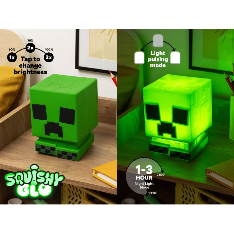 Paladone Minecraft Creeper SquishyGlo luz de silicona recargable – luz nocturna LED verde regulable con 3 niveles de brillo y carga Micro-USB