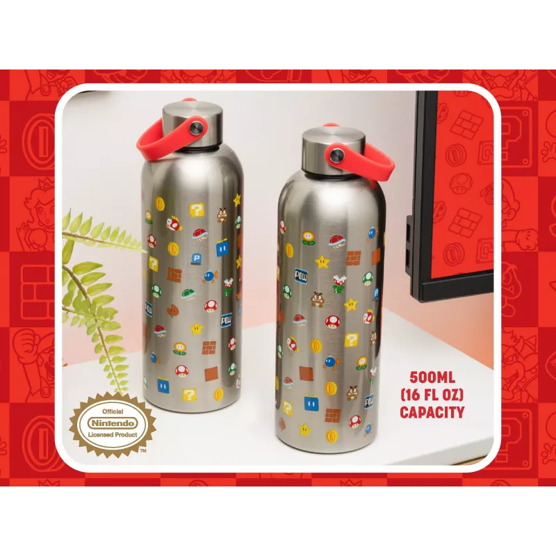 Paladone Botella de agua metálica Super Mario con asa de transporte