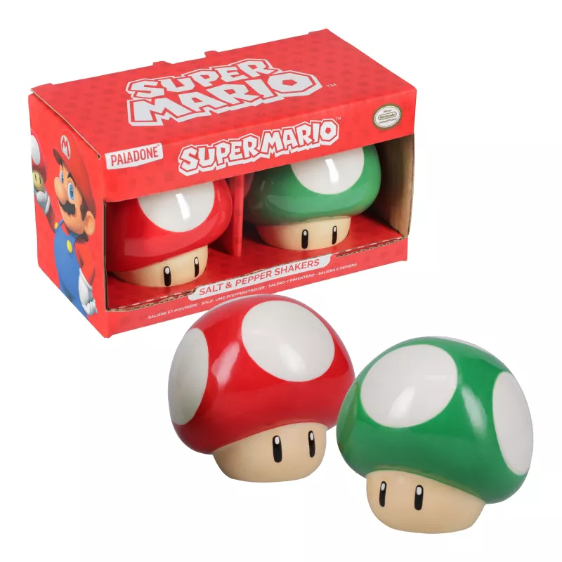 Paladone Super Mario Mushroom Set de salero y pimentero (Súper seta roja y seta 1-Up verde)