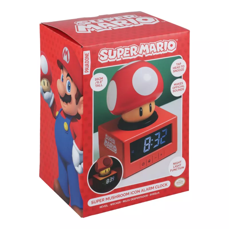 Paladone Super Mario Super Mushroom Icon Reloj despertador - LCD digital, alimentación USB, efectos de sonido oficiales de Nintendo, rojo/blanco