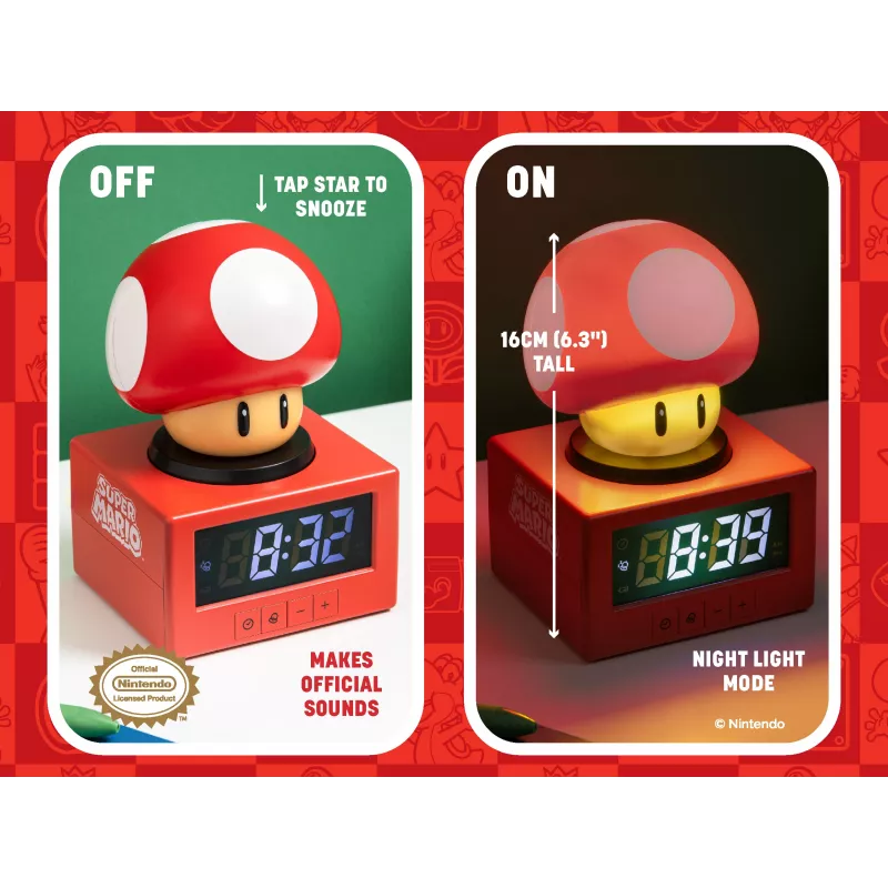 Paladone Super Mario Super Mushroom Icon Reloj despertador - LCD digital, alimentación USB, efectos de sonido oficiales de Nintendo, rojo/blanco