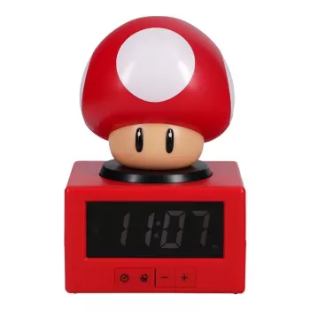 Paladone Super Mario Super Mushroom Icon Reloj despertador - LCD digital, alimentación USB, efectos de sonido oficiales de Nintendo, rojo/blanco